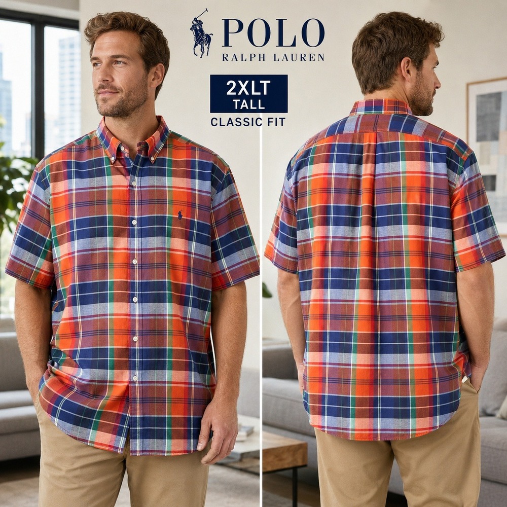 Polo Ralph Lauren Mens 2XLT Tall Classic‎ Plaid Short Sleeve Button Down Shirt